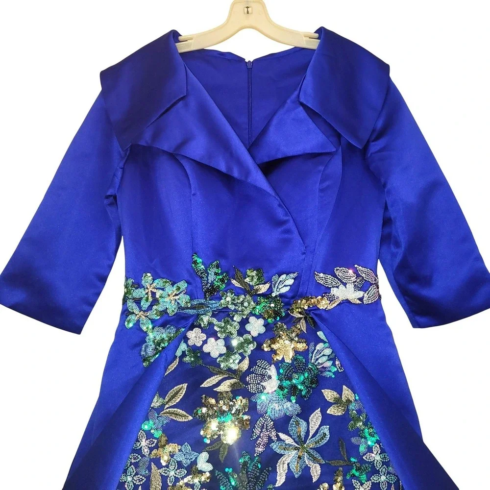 Glamora Royal Blue Satin Sheath Embroidered Sequin Gown Portrait Collar Train 8 - Picture 5 of 16